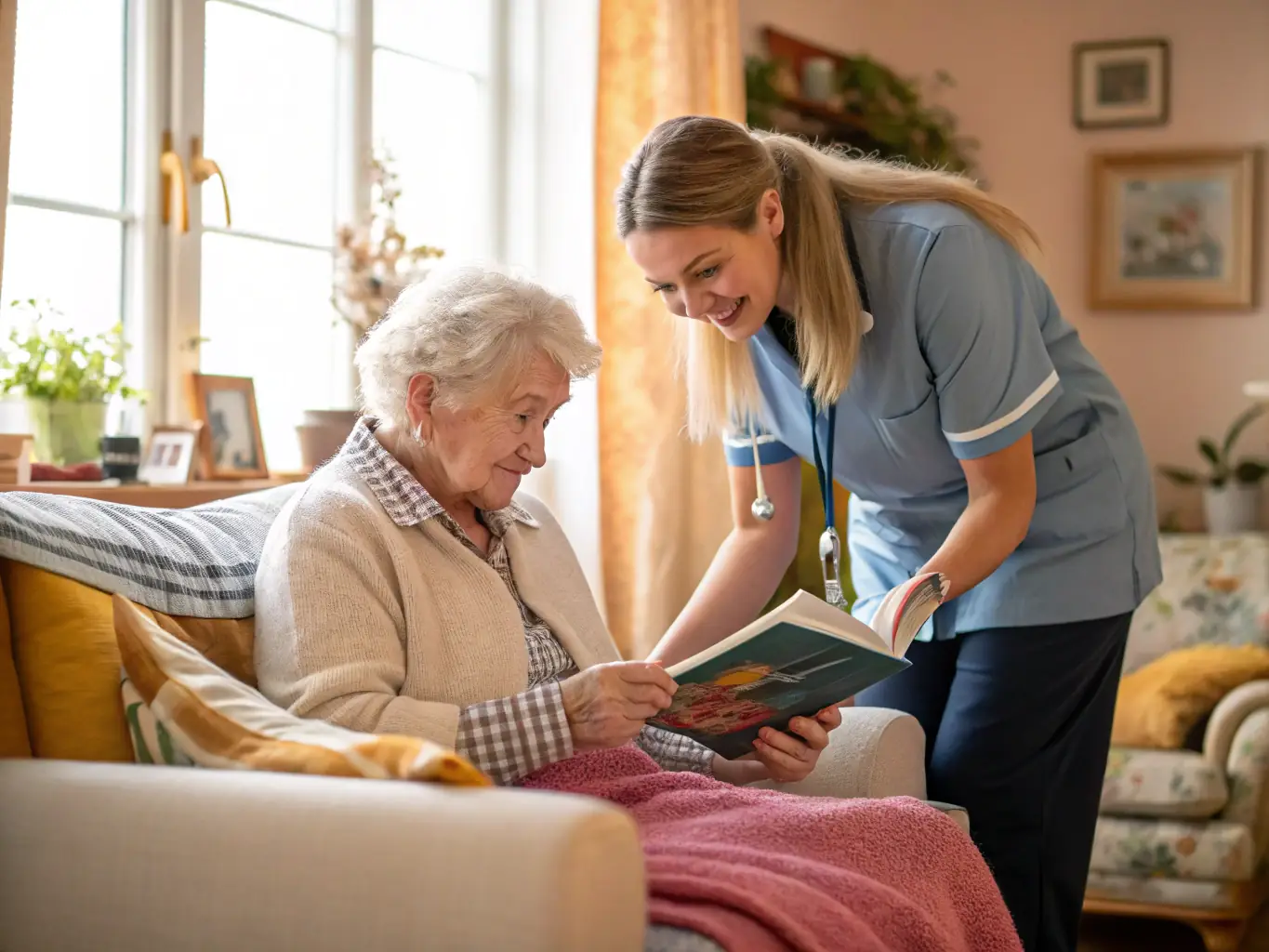 A caring support worker assisting an elderly person with daily activities in their home, representing Alpha Health and Care Services Ltd's domiciliary care.