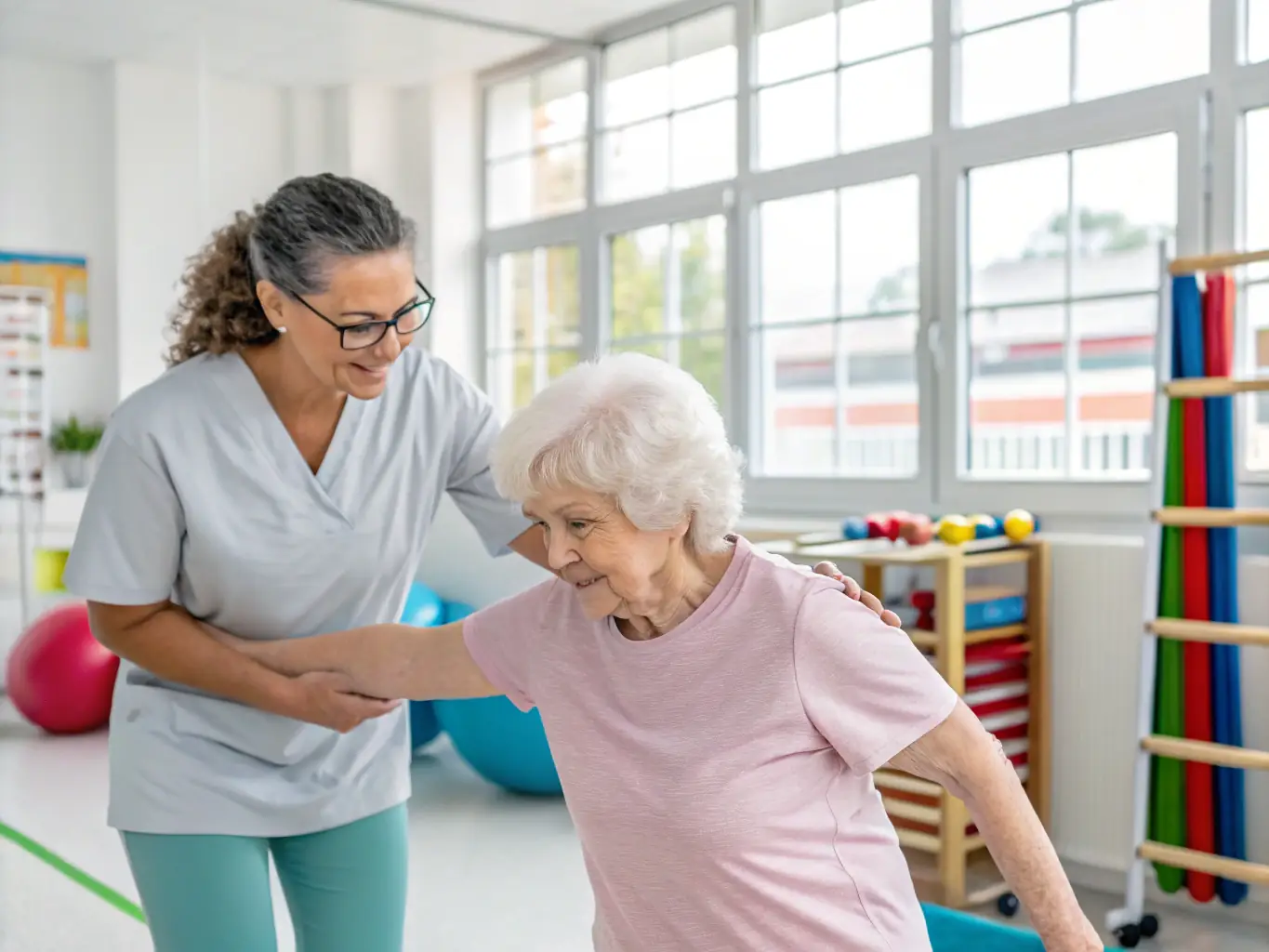 A physiotherapist working with a patient during a rehabilitation session, illustrating Alpha Health and Care Services Ltd's reablement and rehabilitation programs.