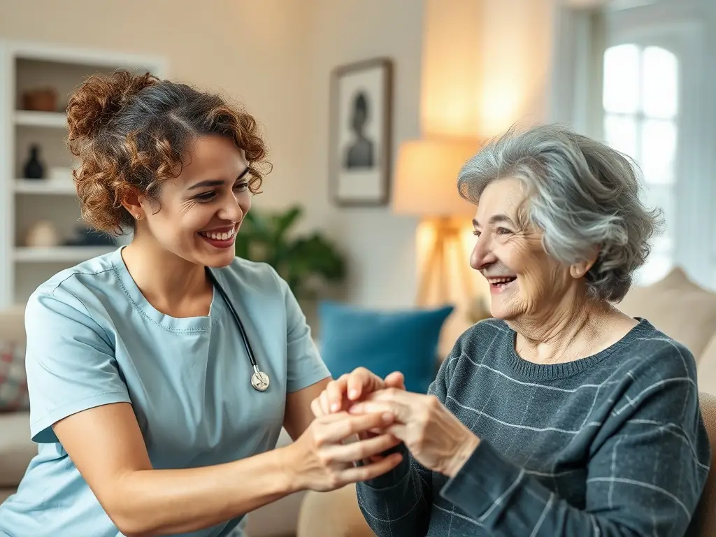 A warm and inviting image depicting a caregiver assisting a senior with a gentle smile in a comfortable home setting, emphasizing the personalized care provided by Alpha Health and Care Services Ltd.