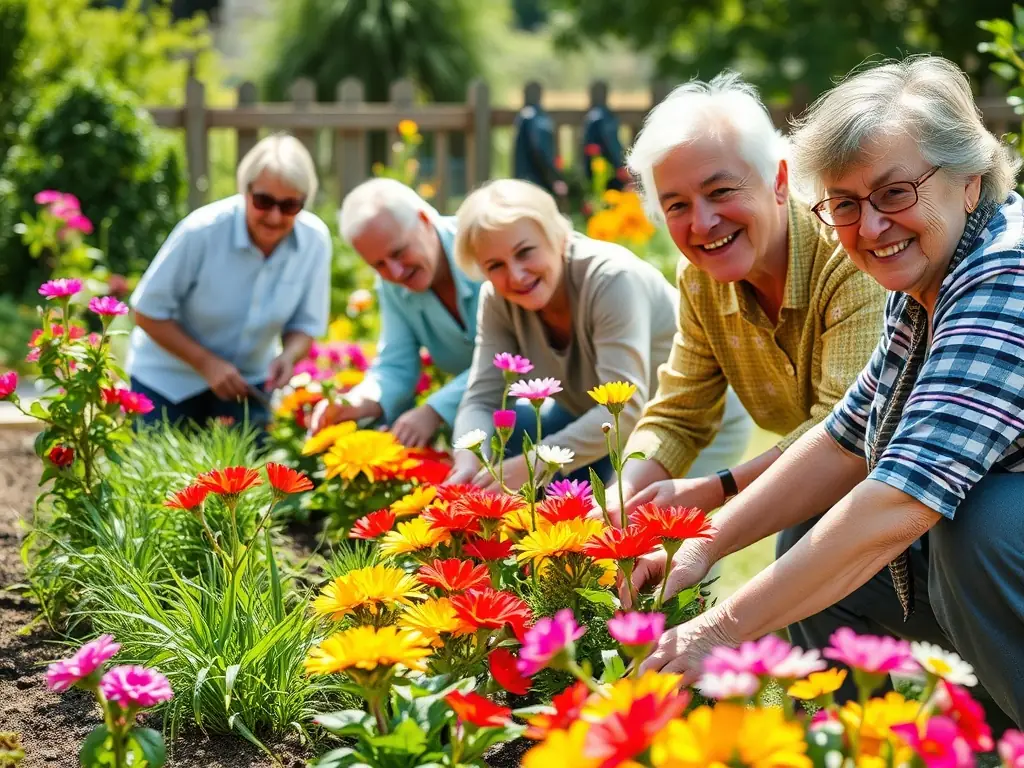 An image showing residents of a supported living facility engaging in a group activity, such as gardening or a social gathering, highlighting the community aspect of Alpha Health and Care Services Ltd.